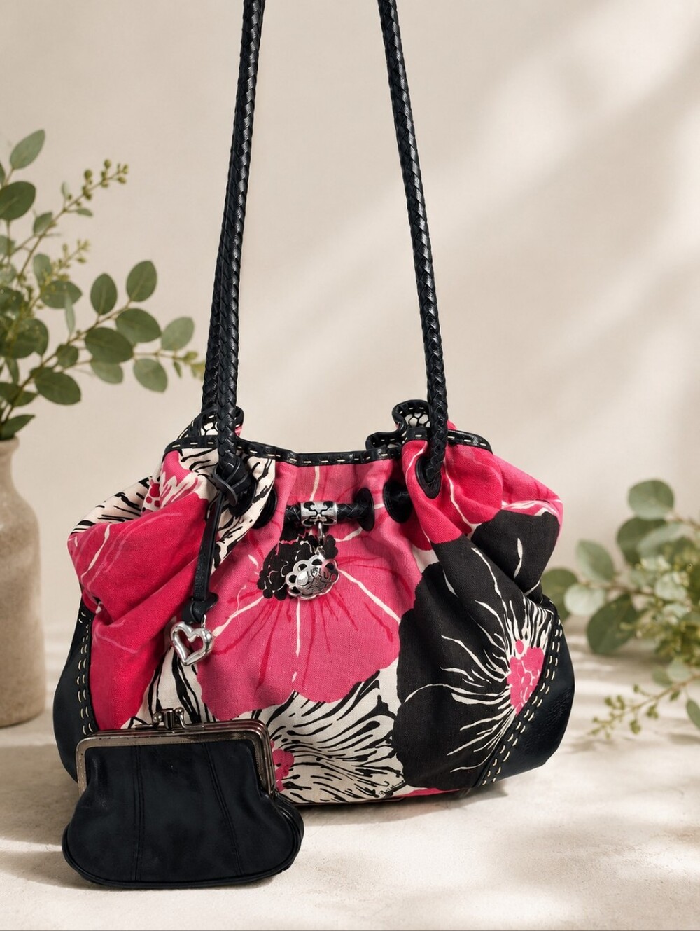 Brighton Lilly Pink Floral Canvas Leather Shoulder Bag + Kiss Lock Wallet EUC
